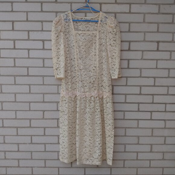 Vintage Ivory Sheer Lace Dress by Holt Renfrew Long Sleeves Drop Waist 37"B 34"W - Picture 1 of 13